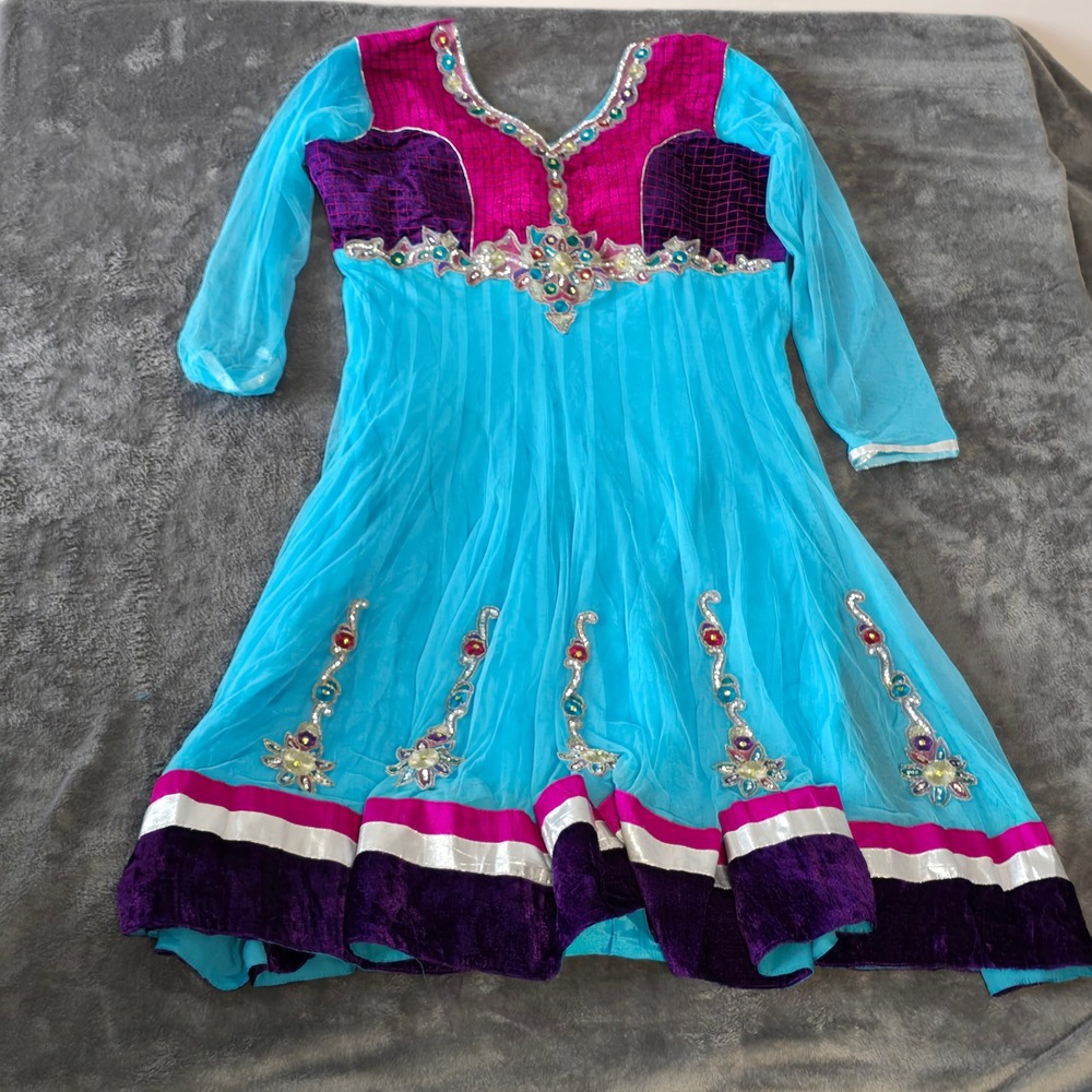 Indian Anarkali Dress Turquoise Magenta‎ Embellished Long Tunic Salwar Kameez
